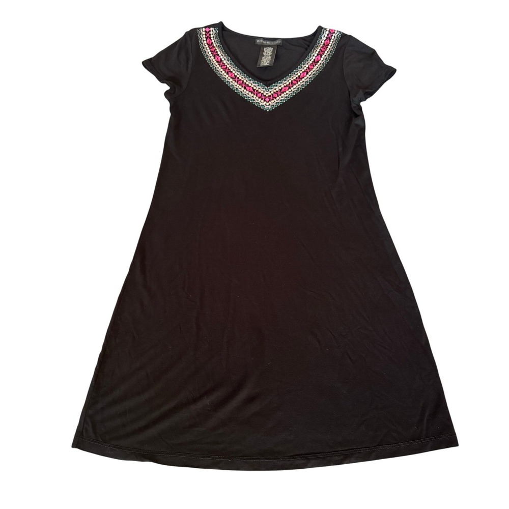 DESIGN HISTORY Black Embroidered V Neck Short Sleeve Casual Dress Women SZ S
